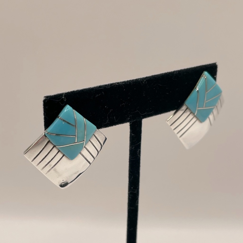 VINTAGE Navajo Sterling Silver Turquoise Inlay Shield Earrings
